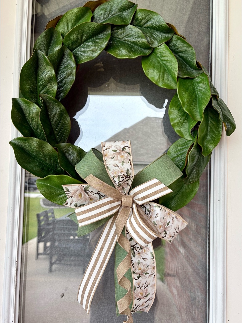 Magnolia Leaf Green Holiday Wreath with Floral Bow